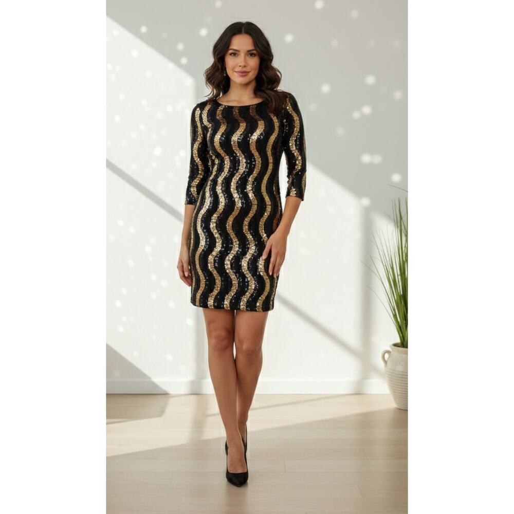 Foreign Exchange Black & Gold Sequin Bodycon Mini Dress - Size M - Retro Disco